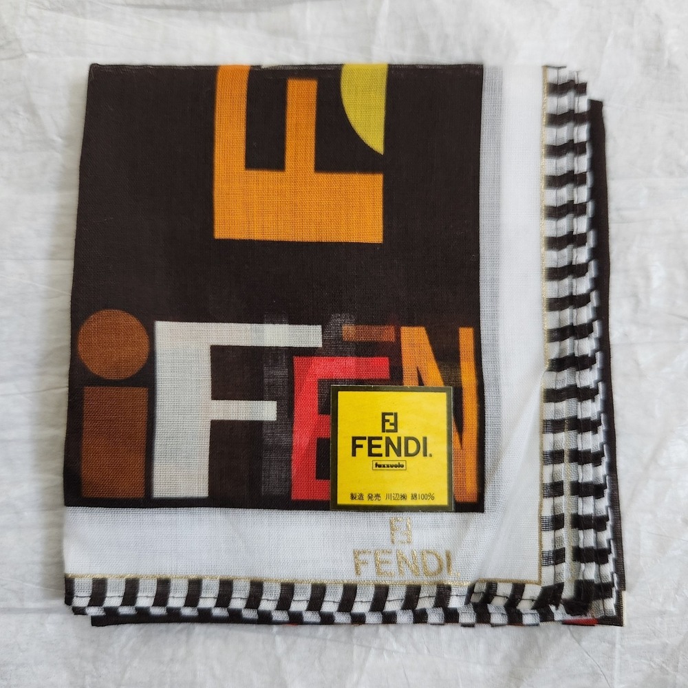 Vintage FENDI Zucca Logo Cotton Handkerchief Pocket Square Brown Orange Red 18"